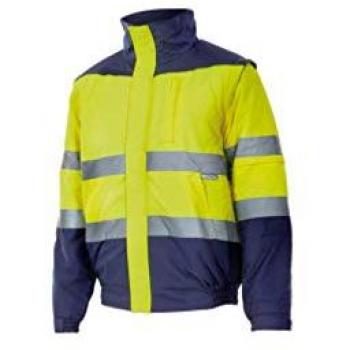 Chaqueta de trabajo alta visibilidad bicolor amarilla fluor y marino, acolchada, talla S, fabricada en poliéster, desmontable, con características de calidad en los tejidos y máximas garantías