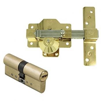 Juego de cerrojo y bombillo Amig 40+30 Antibumping Oro con llave/botón, incluye cilindro de latón igualado para puertas de madera, modelo 1PLUS, diámetro 62 mm (31-31