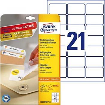 Etiquetas Universales Reposicionables Avery Zweckform L6023REV-25, 63,5 x 38,1 mm, Pack de 630 Etiquetas (525 + 105 Adicionales)