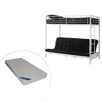 Cama alta 90 x 190 cm - Con banco convertible - metal - Blanco + Futón + colchón - MODULO V