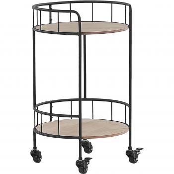 Carrito de Cocina Industrial Rústico en Metal Negro y Madera Clara con Estantes Redondos y Ruedas de 64 cm