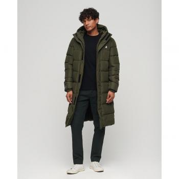 Cazadora larga acolchada con capucha Superdry verde caqui oscuro para hombre