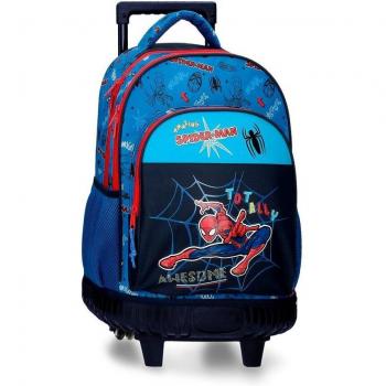 Marvel Spiderman Totally Awesome Mochila con Ruedas para Niños, 32 cm x 45 cm x 21 cm, Fabricada en Poliéster, Color Azul, con Dos Compartimentos y Bols