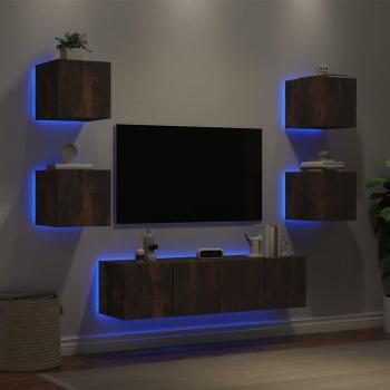Mueble TV pared con LED 6 piezas madera ingeniería roble ahumado marrón
