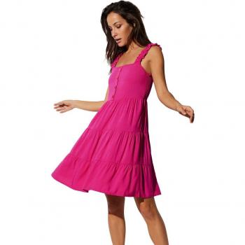 Vestido de playa corto fucsia con tirantes fruncidos y botones