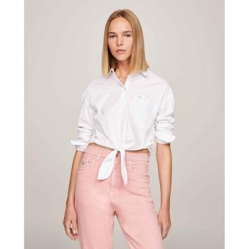 Tommy Jeans Women's Long Sleeve Tie Front Cropped Shirt in White, Size L