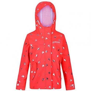 Regatta Bibiana-Chaqueta con Capucha, Impermeable, Completamente Forrada Y con Elementos Reflectantes Jackets Waterproof Shell, Unisex niños, Fiery Coral Foil Bird, 3-4