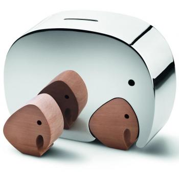 Georg Jensen Moneyphant Piggy Bank with Twins - Stainless Steel and Oak Wood