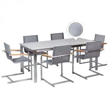 Conjunto de jardín moderno 6 plazas acero inoxidable mesa vidrio sillas textileno gris Cosoleto