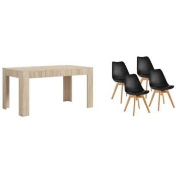 Pack Mesa Extensible de Comedor o Cocina Cambria + 4 Sillas Nórdicas Negras