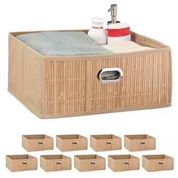 Cesto de Almacenaje Plegable de Bambú - Set de 4 Cestas Cuadradas para Baño, 14 x 31 x 31 cm, Color Marrón Natural