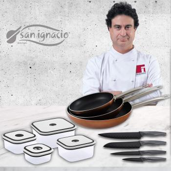 San Ignacio Professional Chef Copper Set de 3 sartenes + 4 recipientes herméticos + 4 Cuchillos de Cocina