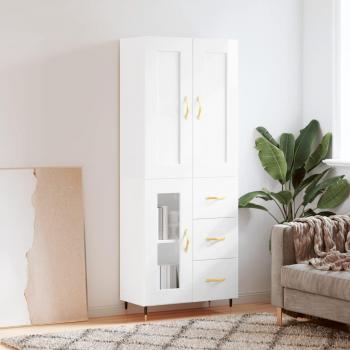 Aparador alto de madera contrachapada 69,5x34x180 cm con 1 puerta de cristal y 3 cajones, mueble de almacenaje para salón en acabado blanco brillo