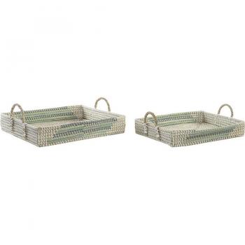 Juego de Bandejas DKD Home Decor Blanco Turquesa Natural Tropical 48 x 38 x 15 cm Metal (2 Unidades)
