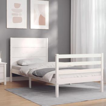 Cama individual de madera maciza con cabecero blanco