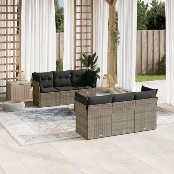 7-Piece Grey Poly Rattan Garden Sofa Set with Cushions