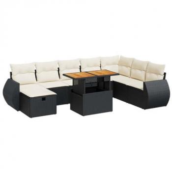 9-Piece Black Poly Rattan Garden Sofa Set with Cushions