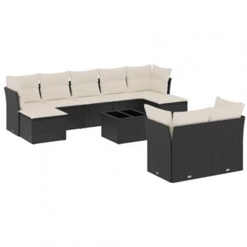 10-Piece Black Poly Rattan Garden Sofa Set with Cushions