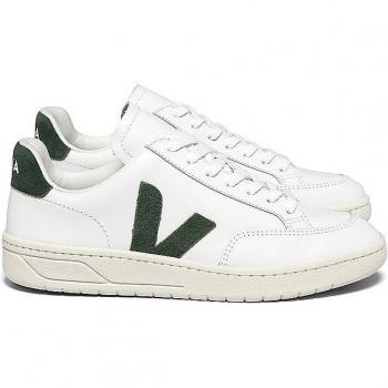 Veja V-12 Leather Sneakers - Extra White/Cyprus - 202336B-WHC, Color: White/Cyprus, Male, Size: UK 9