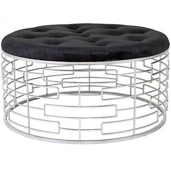 Banqueta Redonda de Terciopelo Negro y Metal Plateado 91,5 x 47 cm