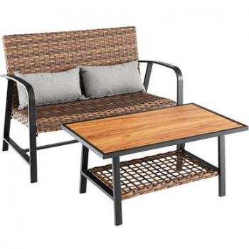 2-Piece Patio Rattan Coffee Table Set with Shelf