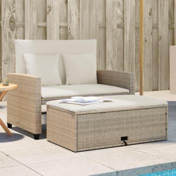 Beige Poly Rattan 2-Seater Garden Sofa with Cushions