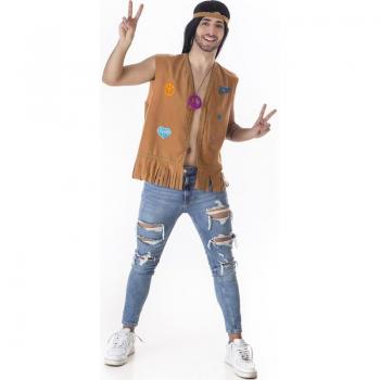 Conjunto de Disfraz Hippie Marrón para Hombre con Chaleco y Cinta para la Cabeza