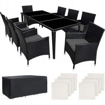 Conjunto de ratán y aluminio Mónaco - 8 sillas + 1 mesa, incluye 2 fundas intercambiables, funda protectora, tuercas de acero inoxidable, poliéster negro