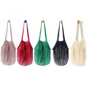 Bolsa de la compra de cuerda, 5 bolsas de malla reutilizables, bolsa portátil de la compra de red de algodón
