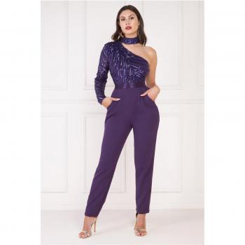 Goddiva One Shoulder Sequin Jumpsuit - Purple
