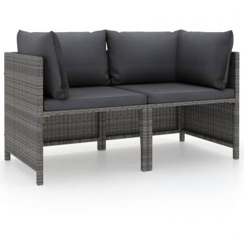 Sofá de jardín de 2 plazas con cojines ratán sintético gris y negro - Conjunto de muebles para terraza, jardín y exterior