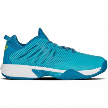 Zapatillas de tenis y pádel hombre HyperCourt Supreme Hb K-Swiss, características: diseño ligero, amortiguación superior, suela duradera, soporte lateral mejorado, ideal para tierra batida, colores turquesa y blanco