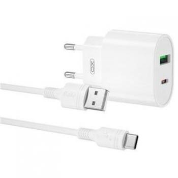 XO L81ATC Cargador de Corriente Tipo C y USB QC 3.0 20W con Cable Tipo C - Carga Rápida - Salida con Protección Inteligente - Color Blanco