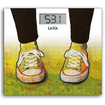 Báscula Electrónica de Baño Laica PS1079 con Diseño de Zapatillas y Hojas, Capacidad Máxima 180kg, Color Blanco