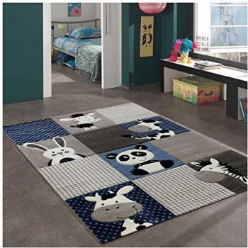 Alfombra Infantil Cuadrada 160x160 cm Estampado Zoo Azul y Gris - Tejida en Polipropileno