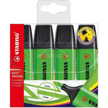 Stabilo Boss Original Pack de 4 Marcadores Fluorescentes - Trazo de 2 a 5mm - Recargables - Tinta a Base de Agua - Color Verde