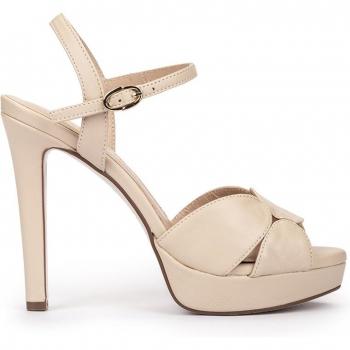 Sandalias de tacón de mujer de fiesta con pala circular Pedro Miralles, modelo BALI, plataforma de piel en color beige, hecho a mano en España