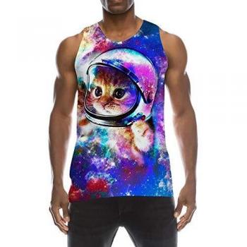 TUONROAD Camisetas de Tirantes para Hombres Gato del Espacio Divertida 3D Impreso Chaleco Tops Casual Multicolor Ligero Camisetas sin Mangas Deportivas Secado Rápido para Running Fitness Ejercicio- L
