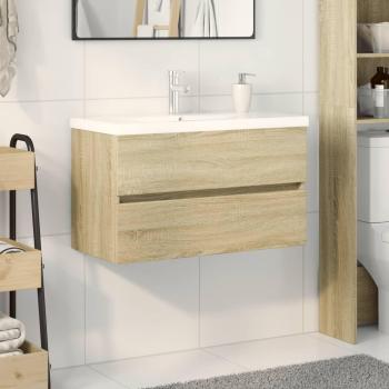 Set de mueble de baño 2 piezas cerámica y madera de ingeniería Marrón