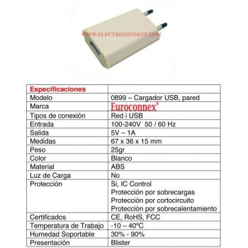 Euroconnex - Cargador USB con una salida de 220V-5V 1A