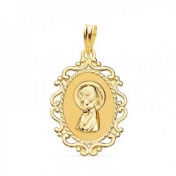 Medalla Virgen Niña de Oro 18k para Primera Comunión de 23 mm. ovalado con borde de formas combinadas