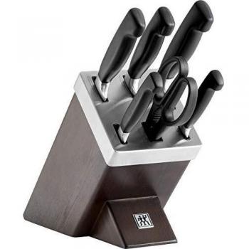 ZWILLING Bloque de cuchillos auto-afilables, 7 piezas, bloque de madera, cuchillos y tijeras con mango especial de acero inoxidable/plástico, Four Star
