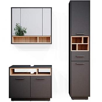 Conjunto de muebles de baño Beatrice, Antracita, 3 piezas con mueble alto y espejo