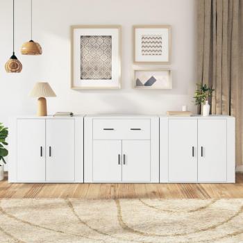 Aparador de Almacenaje de Salón vidaXL, 3 piezas, madera contrachapada, color blanco, incluye buffet y armario auxiliar