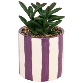 Planta artificial morada intensa en maceta de cerámica rayada H 16.5 cm