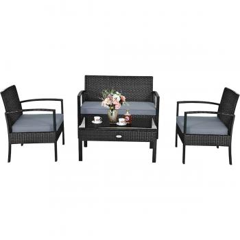 4-Piece Patio Rattan Conversation Set with Loveseat & Coffee Table - Rattan Set BK