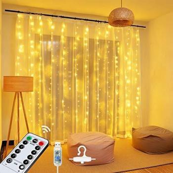 OMERIL Cortina LED con USB, Cortina de Luces, 8 Modos 2.4*1.8M 144 LED, Cadena de Luces Impermeable IP65 y Control Remoto Luces Navidad para Interior Exterior Decoración, Habitación, Fiestas, Árboles