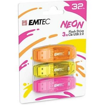 EMTEC - Memoria Flash USB 2.0 C410 de 32 GB, Lectura de 5 MB/S, Escritura de 15 MB/S, Compatible con USB 2.0, USB 3.0, Transparente neón neón con Tapa, Pack de 3