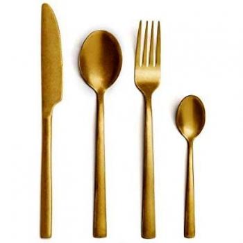 Comas Juego Cubiertos 24 Piezas Oro Conjunto Cuchara, Tenedor, Cuchillo de Mesa y Cuchara Café de Acero Inoxidable Efecto Envejecido Mango Liso. Set Conjunto 24 Piezas.