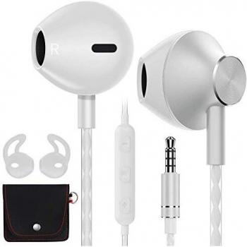 AzukiLife Auriculares In Ear, Auriculares con Cable y Micrófono Headphone Sonido Estéreo para Android, Smartphone, Samsung, Laptop, MP3,Tablets - Blanco Plateado